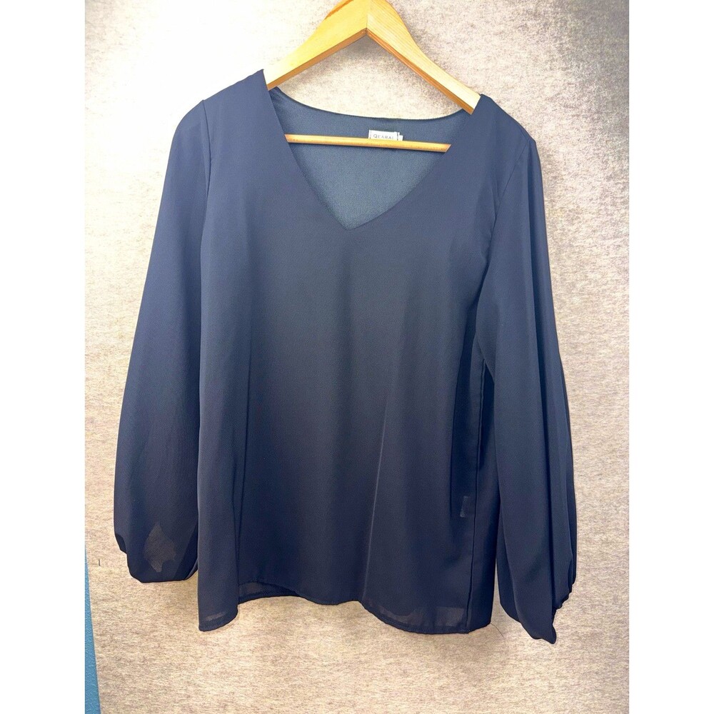 QEARAL Women’s Size M Black V-Neck Long Sleeve Pullover Chiffon Blouse